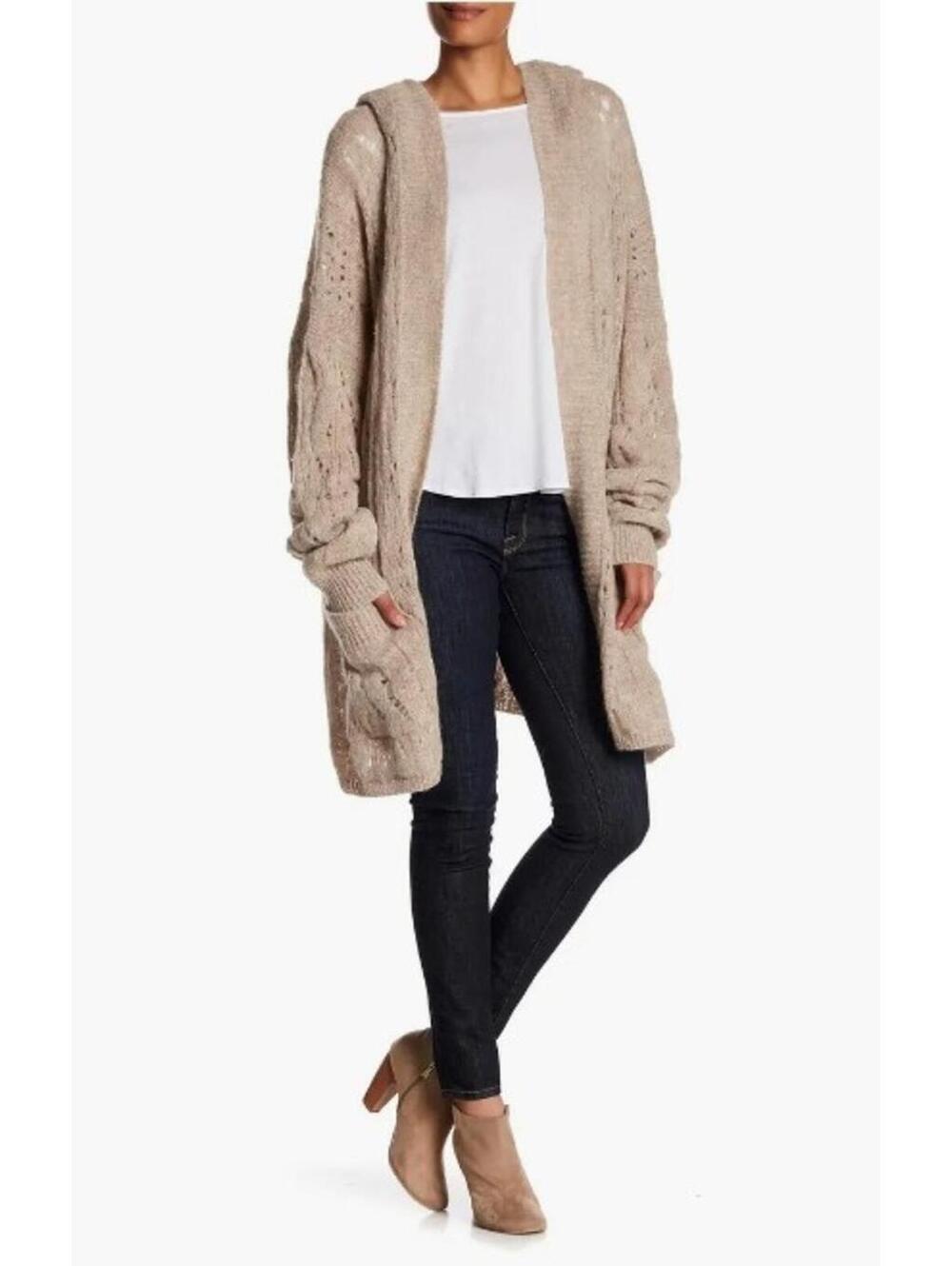 Free People Lemon Drop Beige Hooded Alpaca Blend Pockets Cardigan Sweater S/P